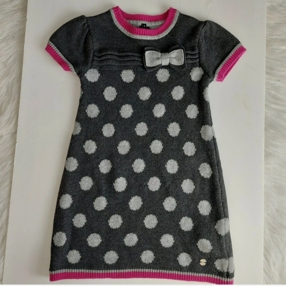 Mayoral Chic Short Sleeve Gray  Pink Polka Dot Sweater Dress Size 4 Pullover EUC